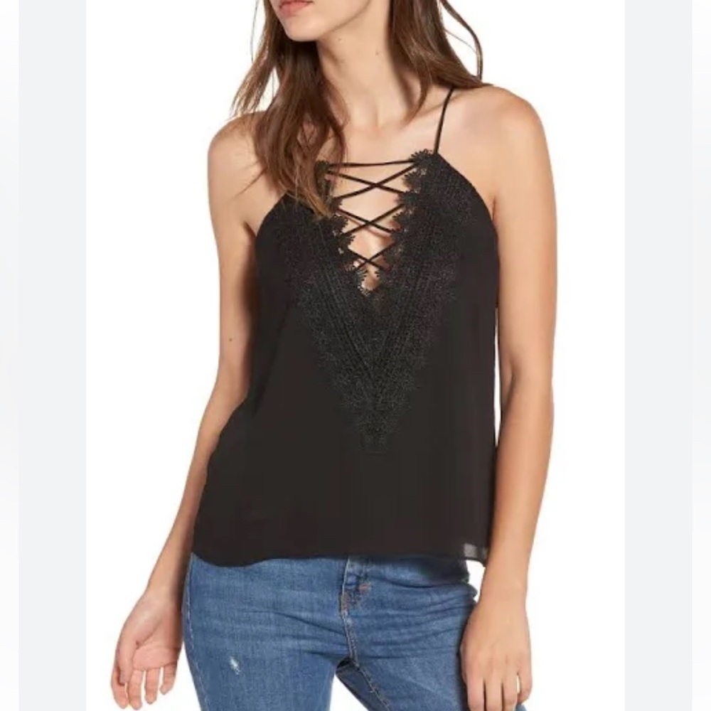 WAYF Posie Strappy Camisole Tank Top Lace Criss Cross Black